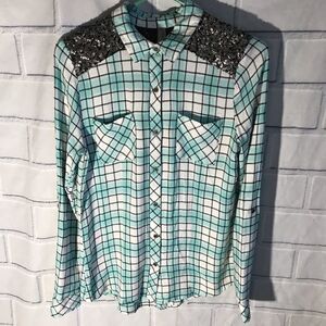 Vanity Womens Button Down Plaid Shirt with Sequins Accent Size Small